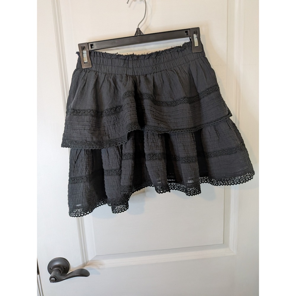 Aerie Black Tiered Ruffle Mini Skirt Lace Trim Smocked Waist Cotton S